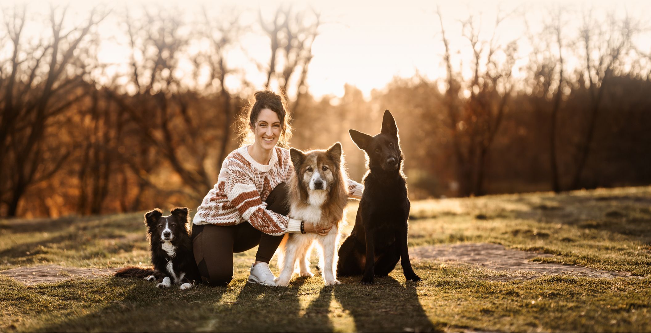 Frau kniet auf einer Wiese und umarmt zwei Hunde, ein weiterer Hund sitzt daneben, im Hintergrund Bäume bei Sonnenuntergang
